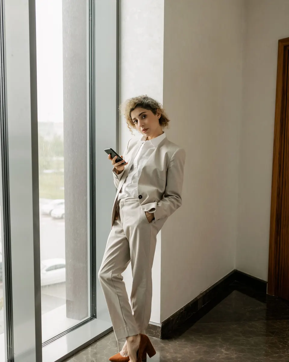 Người mẫu mặc bộ suit màu be đứng bên cửa kính
