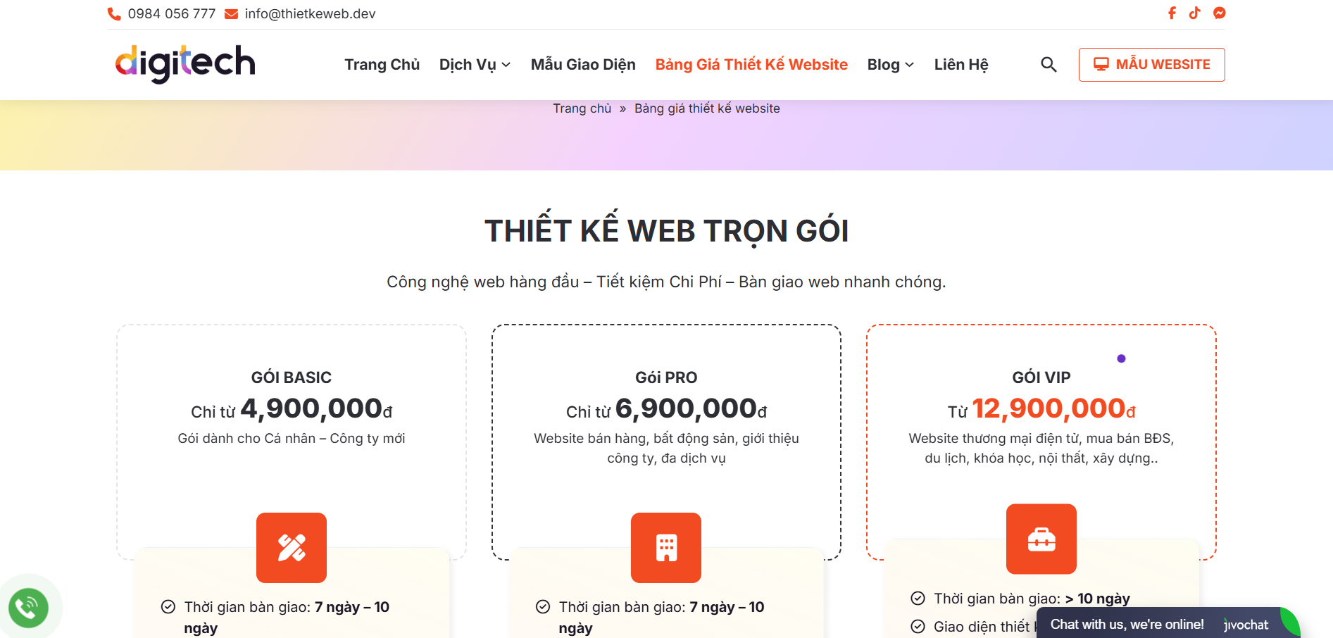 Bảng Báo Giá Dịch Vụ Thiết Kế Website giá rẻ