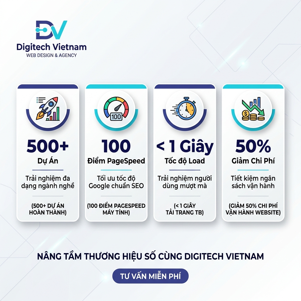 Số liệu thực tế: 500+ dự án, 100 điểm PageSpeed, tải trang dưới 1 giây, giảm 50% chi phí Google Ads