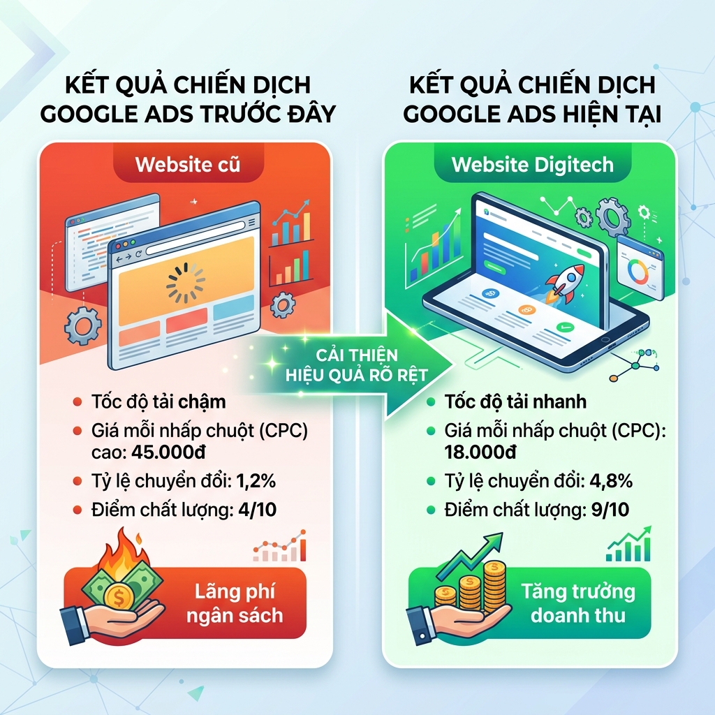 So sánh hiệu quả Google Ads trước và sau khi dùng website tốc độ cao Digitech