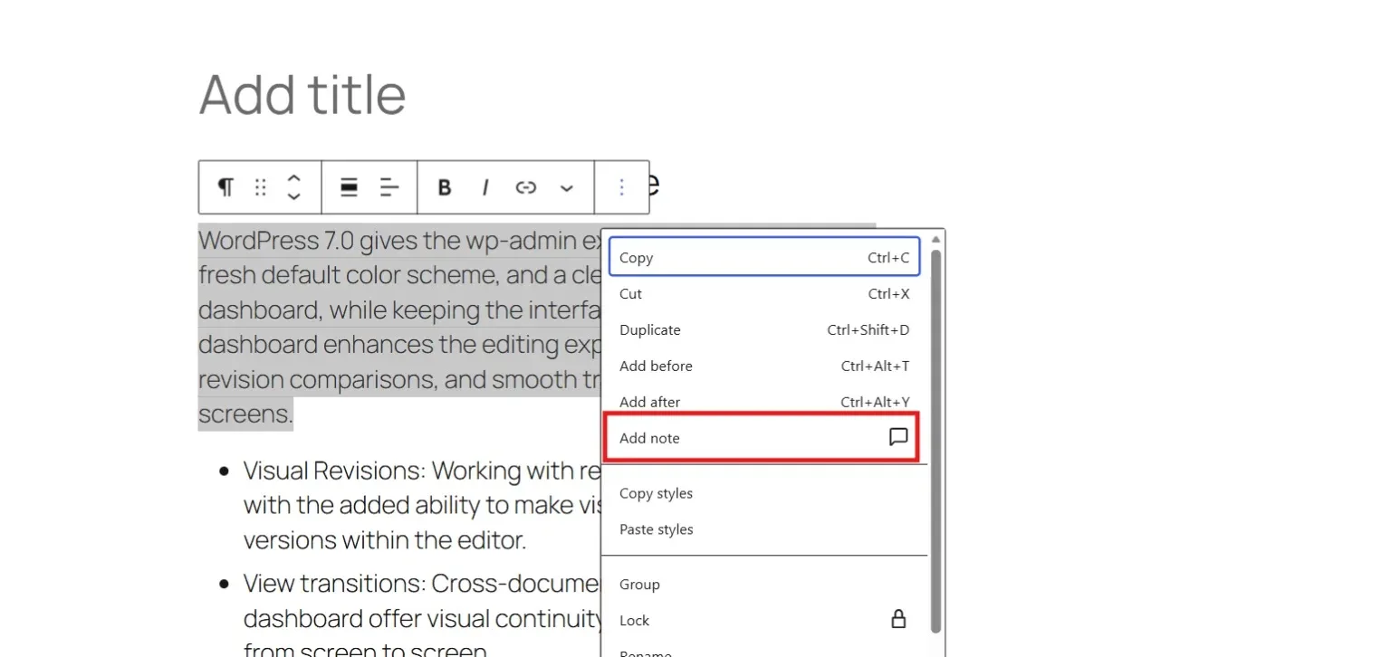 Tính năng Add Note trong WordPress 7.0