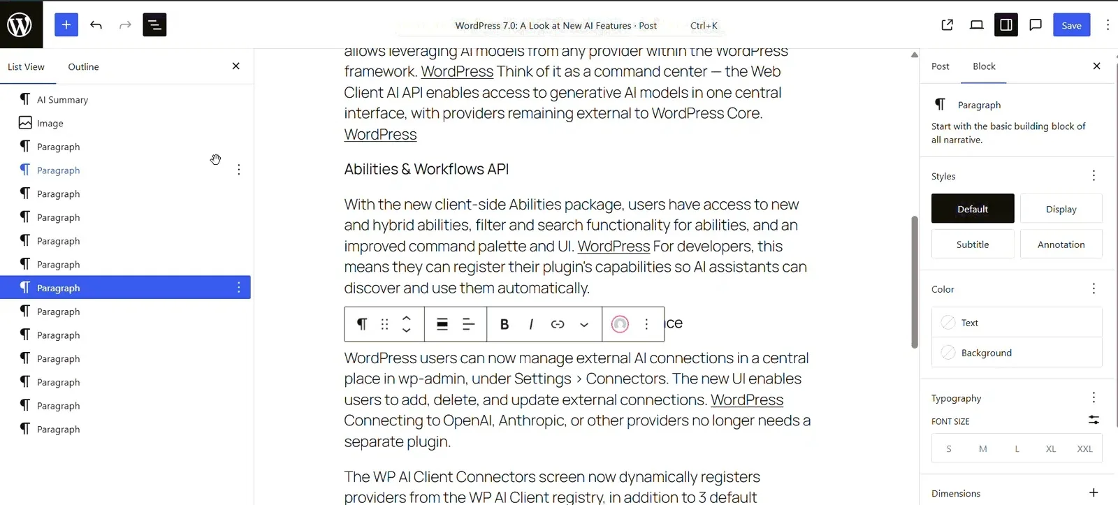 Giao diện AI Client Connectors trong WordPress 7.0