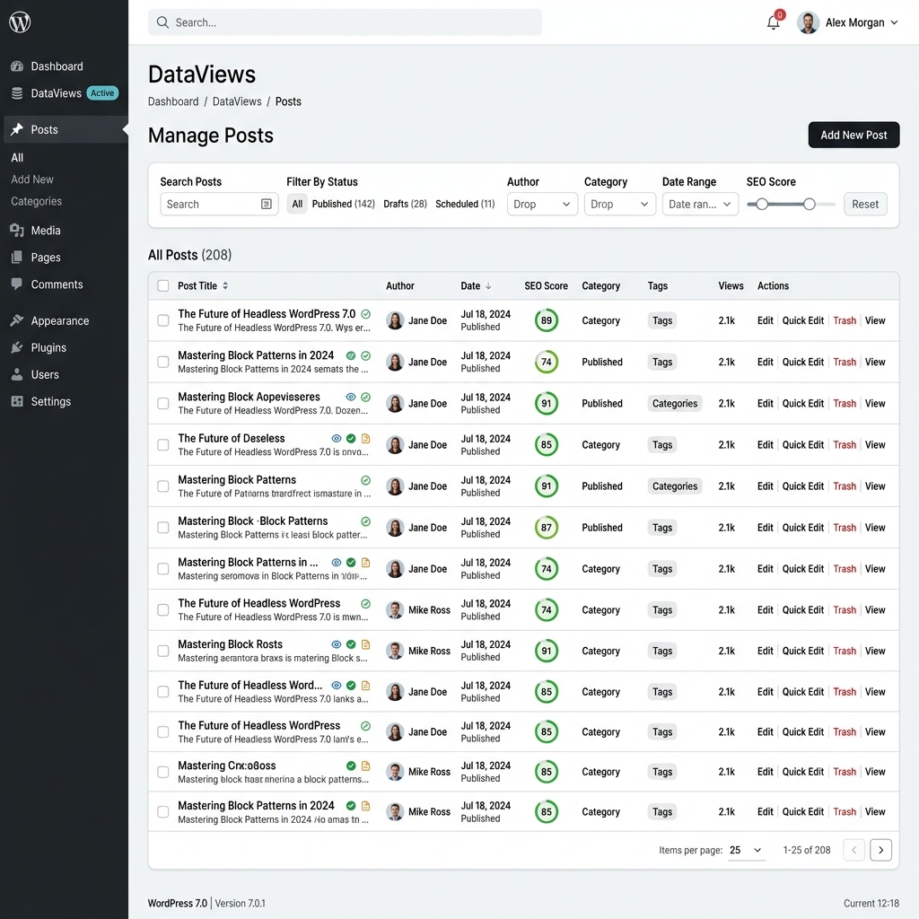 Giao diện DataViews mới trong Admin Dashboard WordPress 7.0