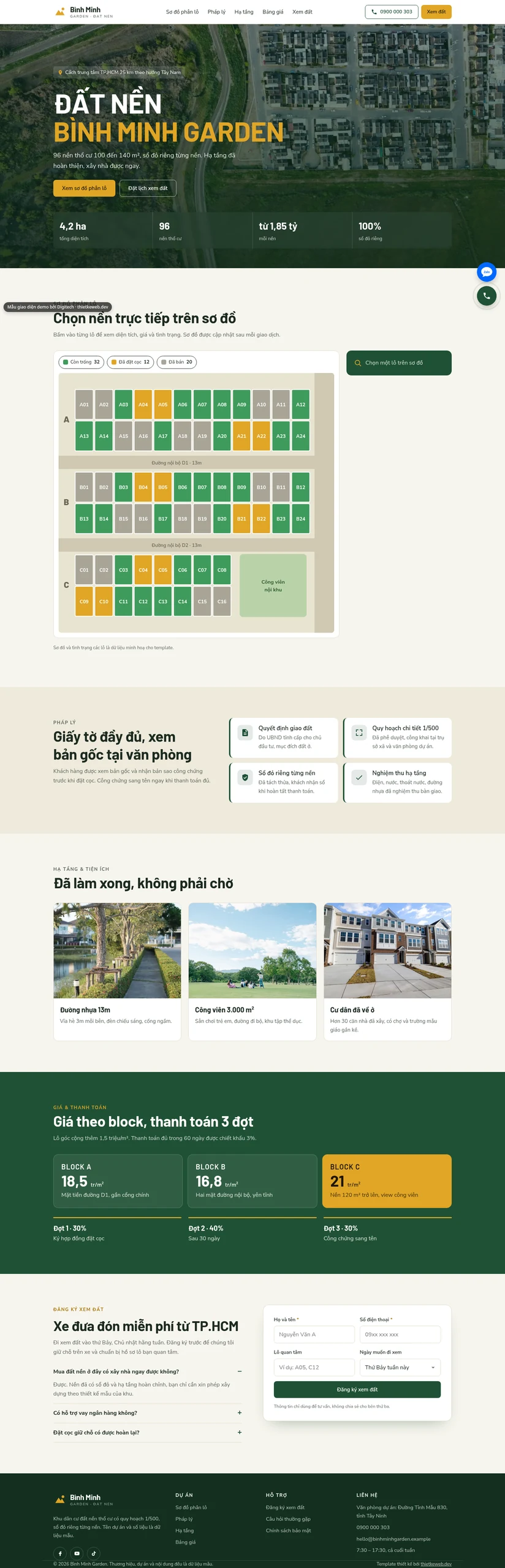 Mẫu website dự án đất nền Bình Minh Garden
