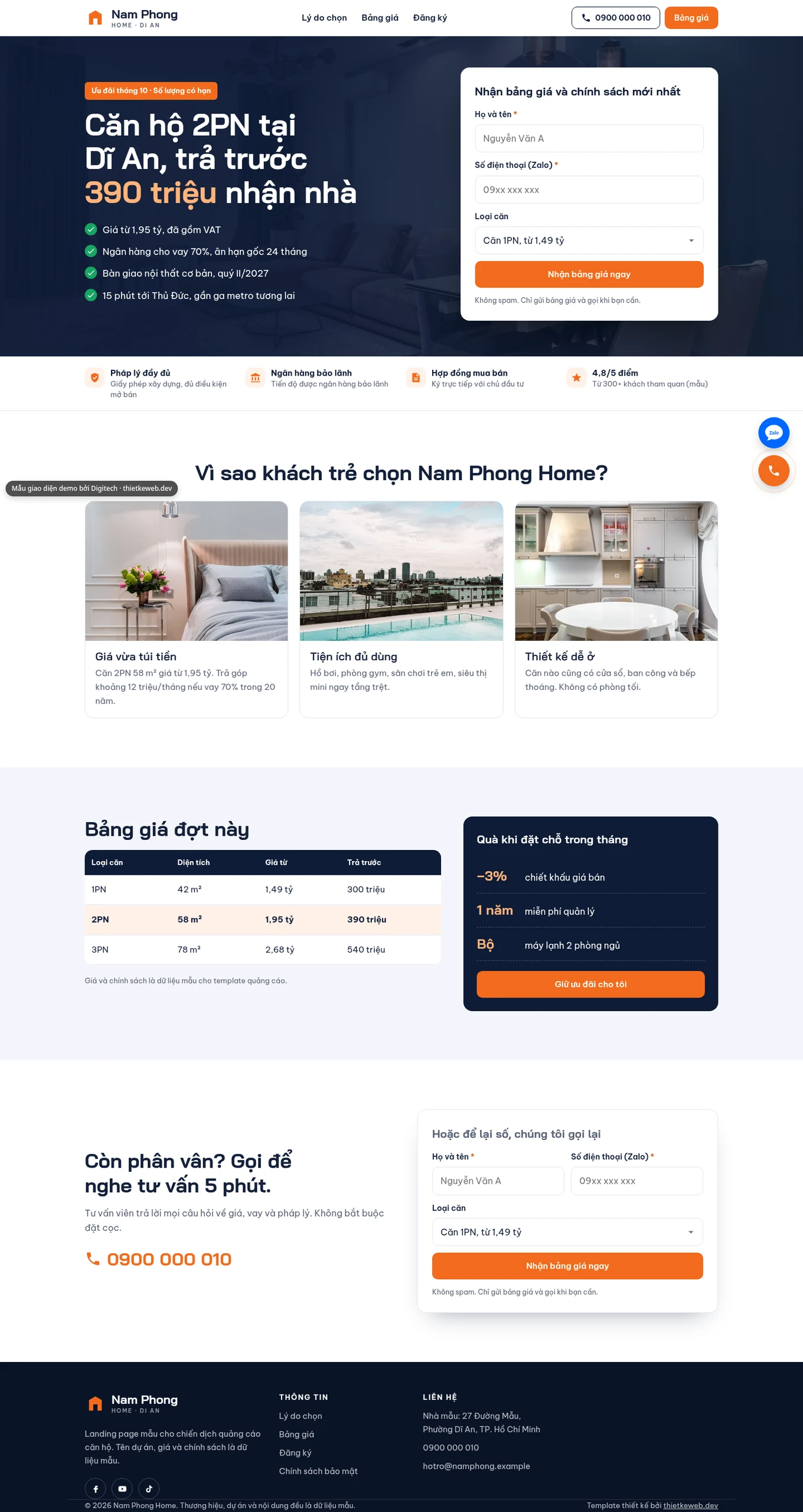 Mẫu landing page căn hộ Nam Phong Home