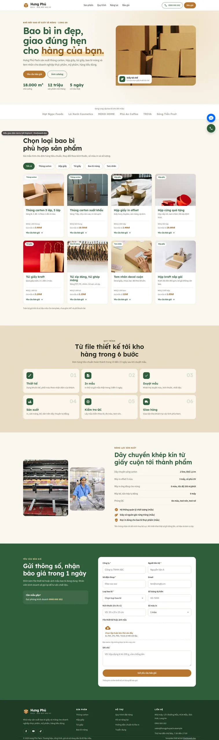 Mẫu website nhà máy bao bì Hưng Phú
