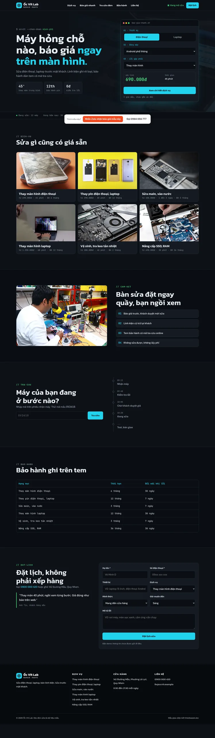 Mẫu website sửa chữa điện thoại laptop Ốc Vít Lab