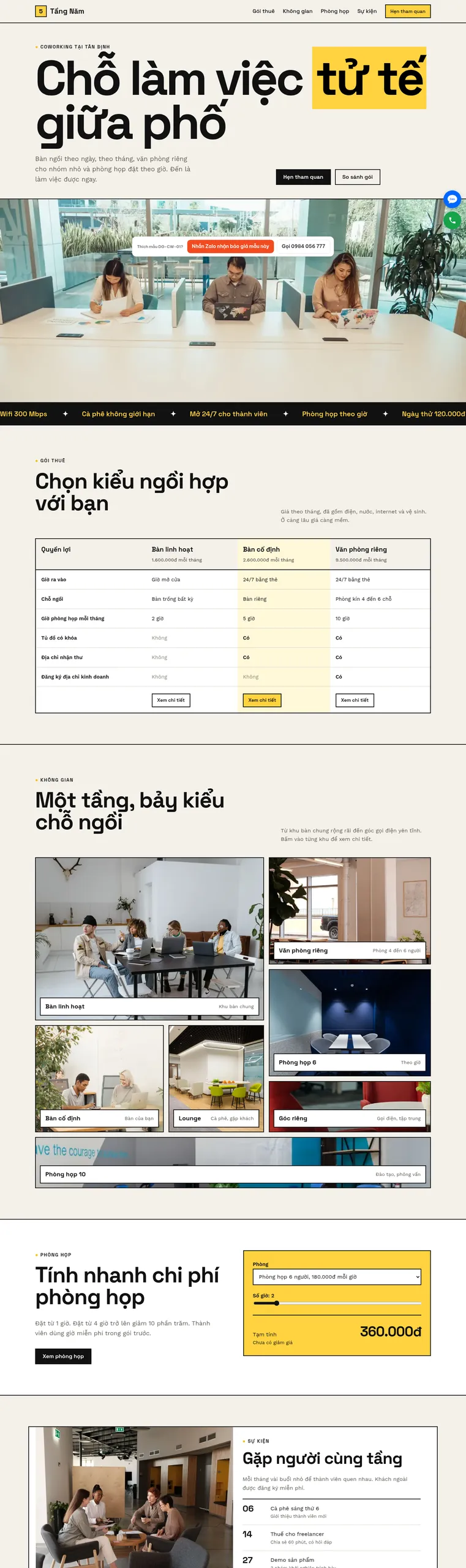 Mẫu website coworking space Tầng Năm Cowork