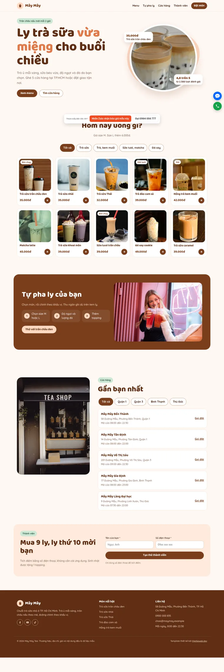 Mẫu website tiệm trà sữa Mây Mây Tea
