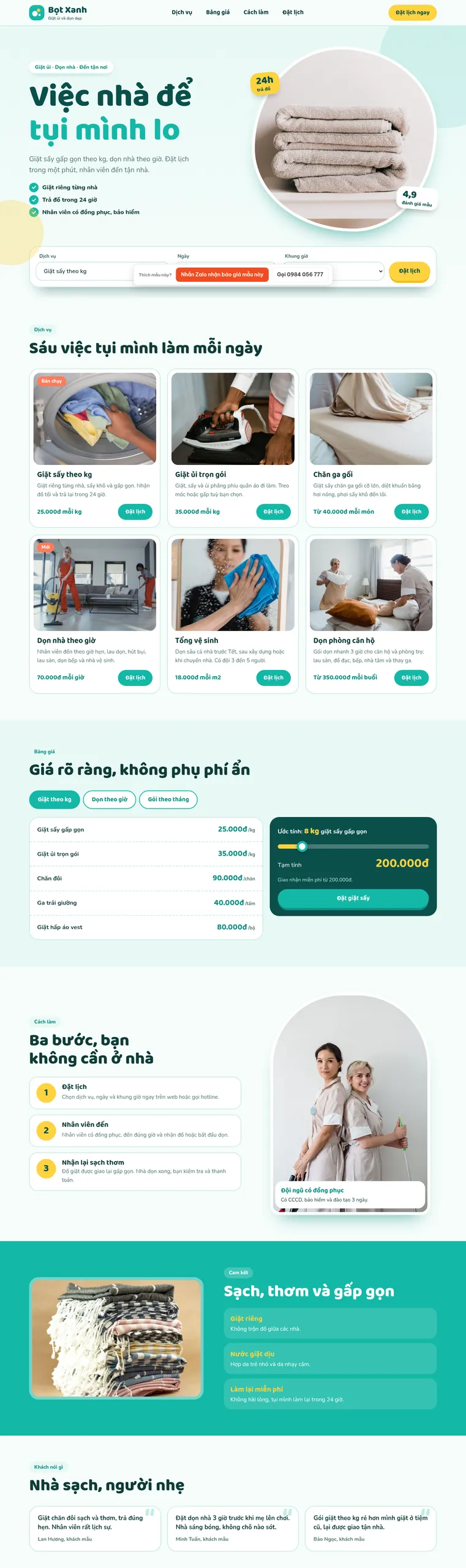 Mẫu website giặt ủi dọn dẹp Bọt Xanh