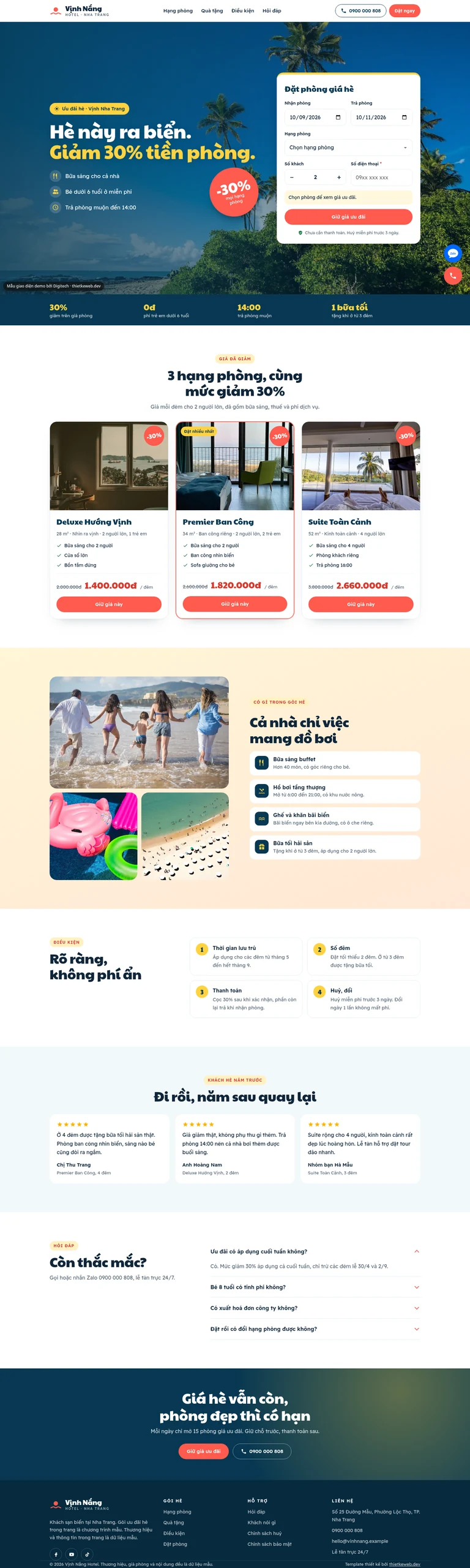 Mẫu landing page khách sạn Vịnh Nắng