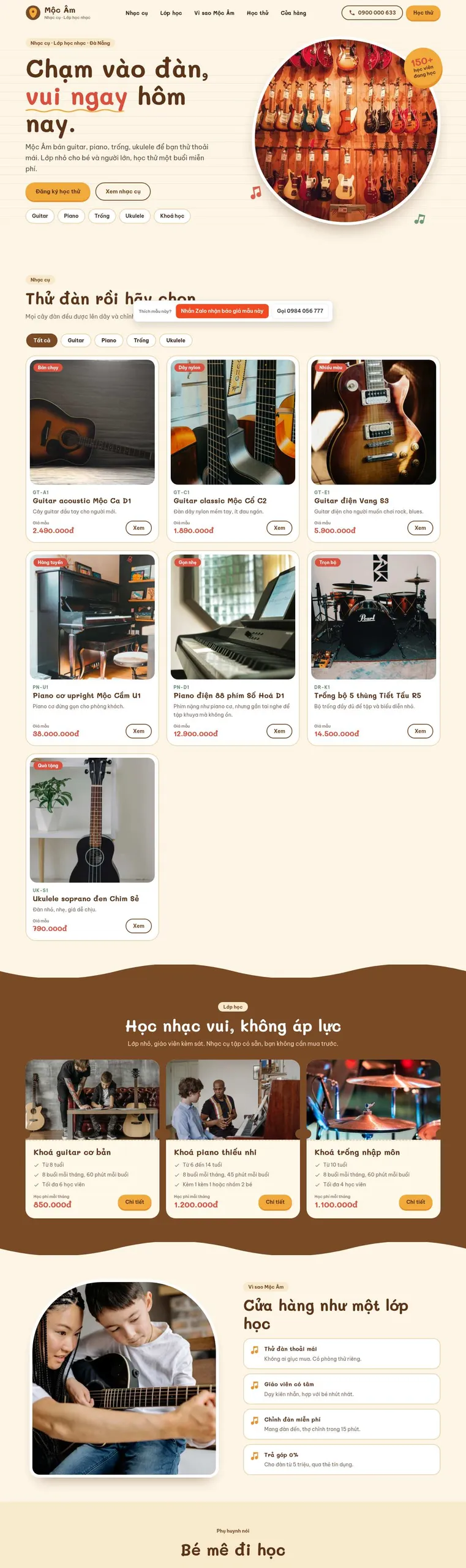 Mẫu website cửa hàng nhạc cụ Mộc Âm