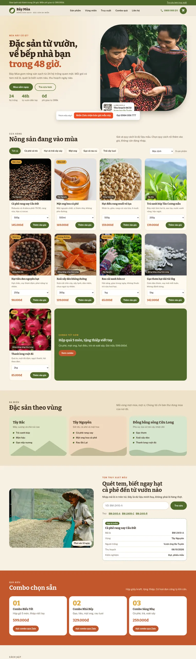Mẫu website nông sản sạch Bảy Mùa
