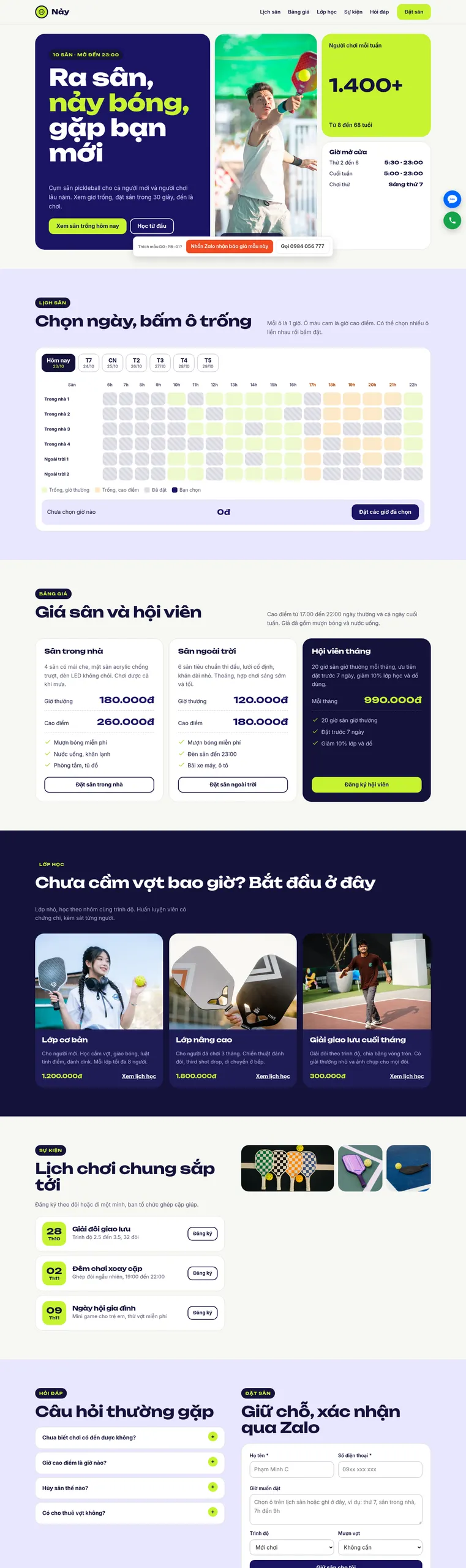 Mẫu website sân pickleball Nảy Pickleball Club