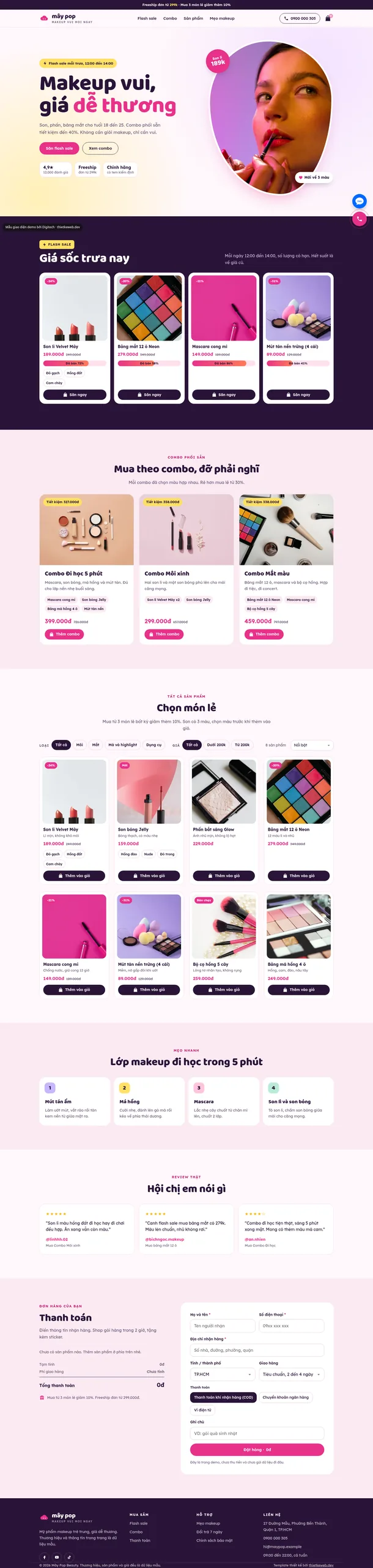 Mẫu website mỹ phẩm makeup Mây Pop
